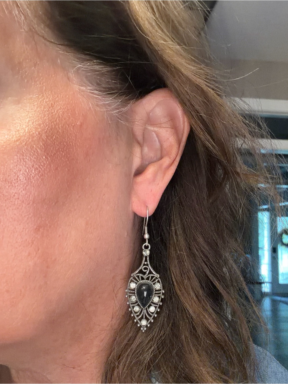 Park Lane Silver-Tone Filigree Drop Earrings with Black Teardrop Stone